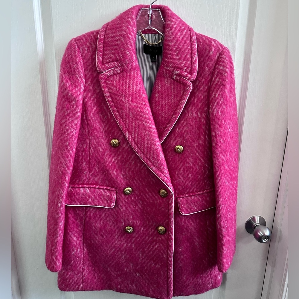 J. Crew Vibrant Pink Pea Coat with Gold Buttons